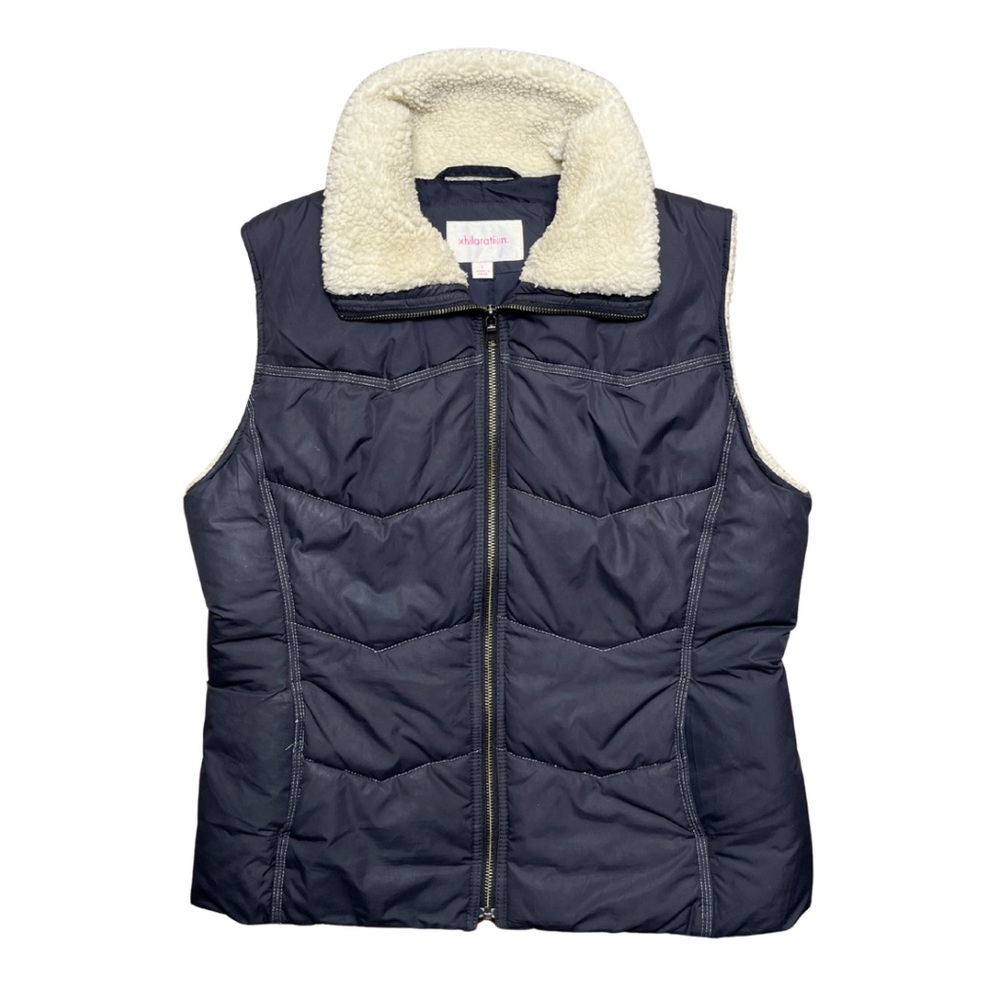 Vintage Y2K Collared Puffer Vest Womens Large Fleece Fur Trim 2000s Retro Coat
